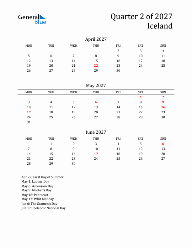 Quarter 2 2027 Iceland Quarterly Calendar