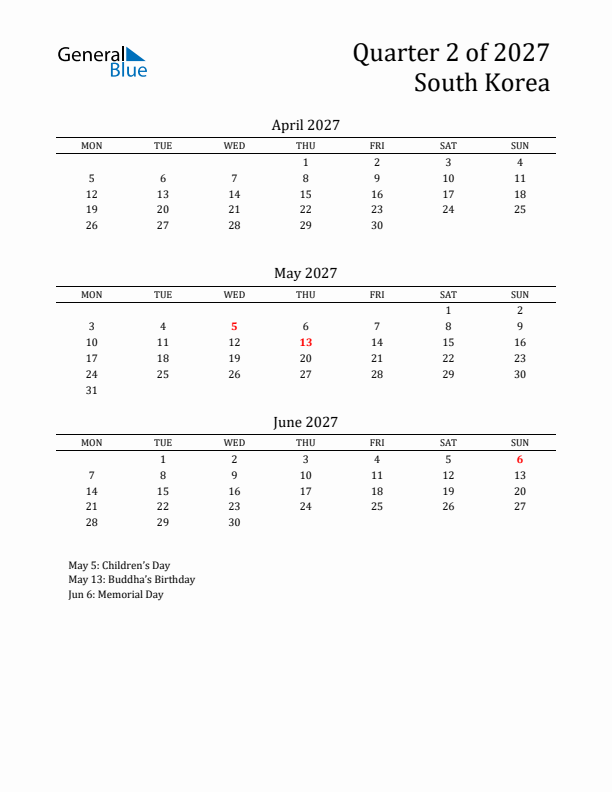 Quarter 2 2027 South Korea Quarterly Calendar