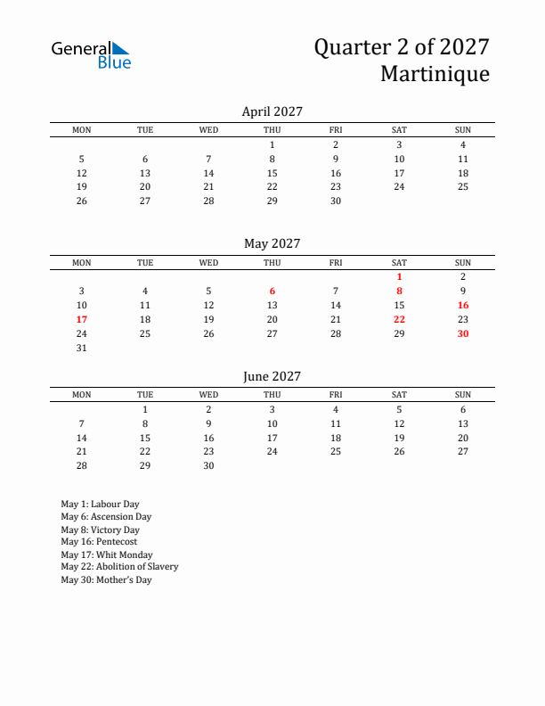 Quarter 2 2027 Martinique Quarterly Calendar