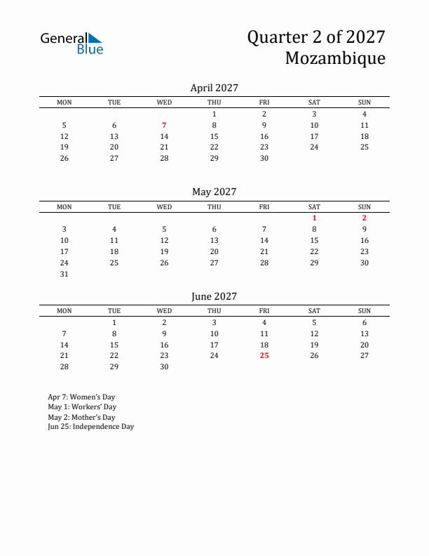 Quarter 2 2027 Mozambique Quarterly Calendar