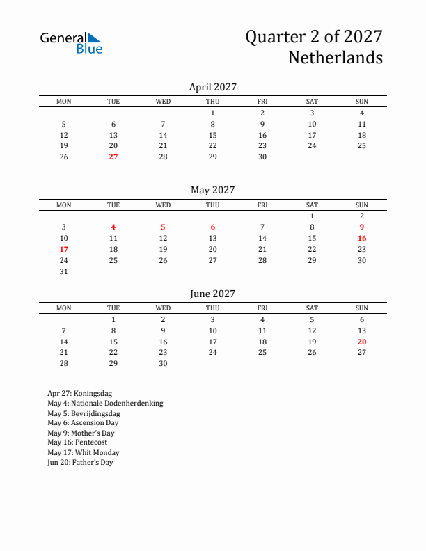 Quarter 2 2027 The Netherlands Quarterly Calendar