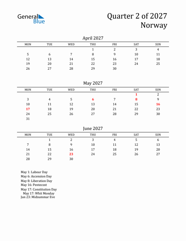 Quarter 2 2027 Norway Quarterly Calendar