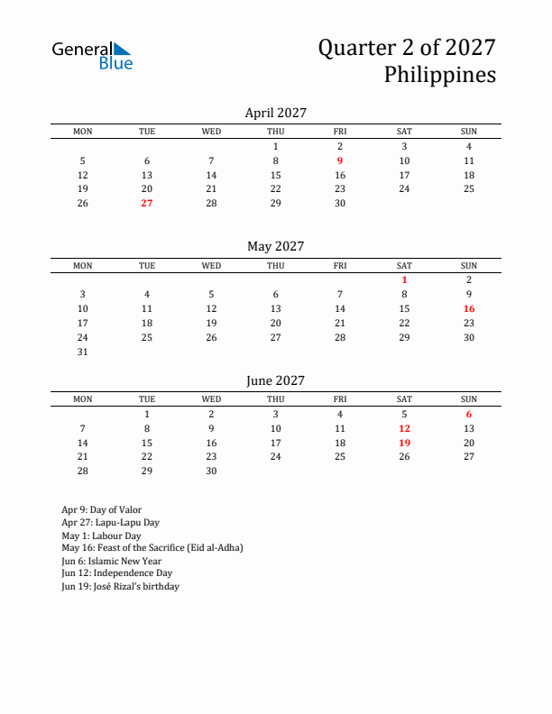 Quarter 2 2027 Philippines Quarterly Calendar