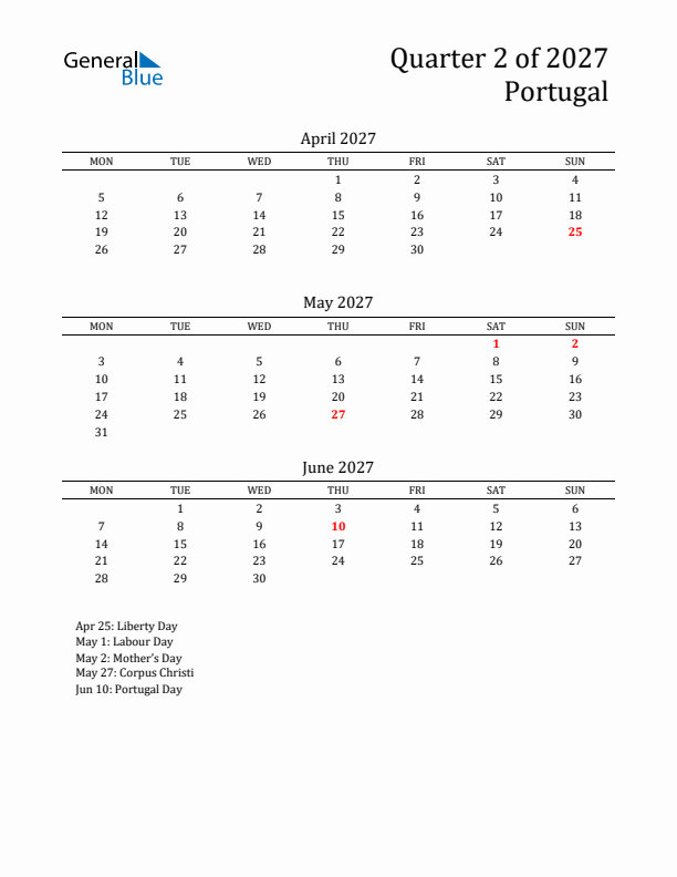 Quarter 2 2027 Portugal Quarterly Calendar