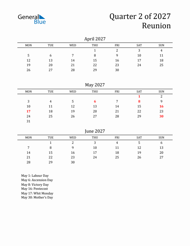 Quarter 2 2027 Reunion Quarterly Calendar