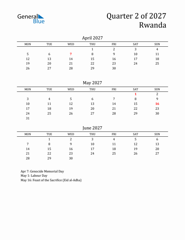 Quarter 2 2027 Rwanda Quarterly Calendar