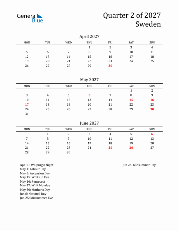 Quarter 2 2027 Sweden Quarterly Calendar