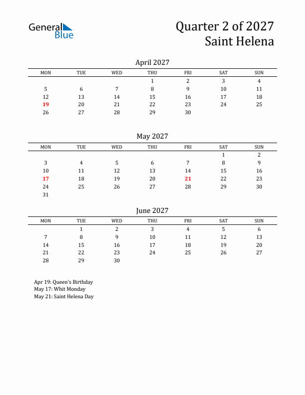 Quarter 2 2027 Saint Helena Quarterly Calendar