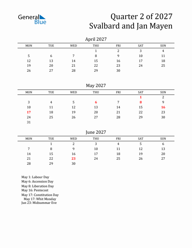 Quarter 2 2027 Svalbard and Jan Mayen Quarterly Calendar