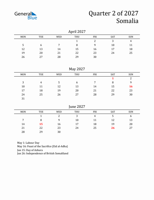 Quarter 2 2027 Somalia Quarterly Calendar