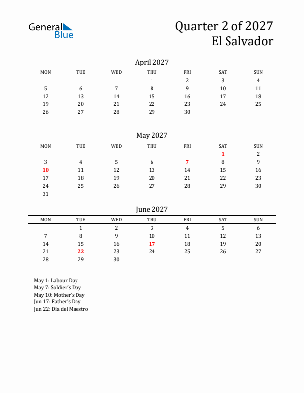 Quarter 2 2027 El Salvador Quarterly Calendar