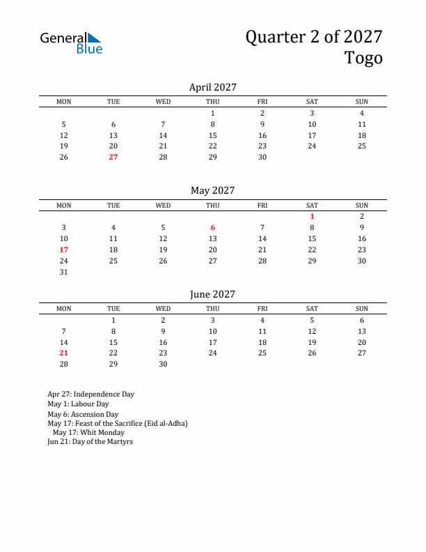 Quarter 2 2027 Togo Quarterly Calendar