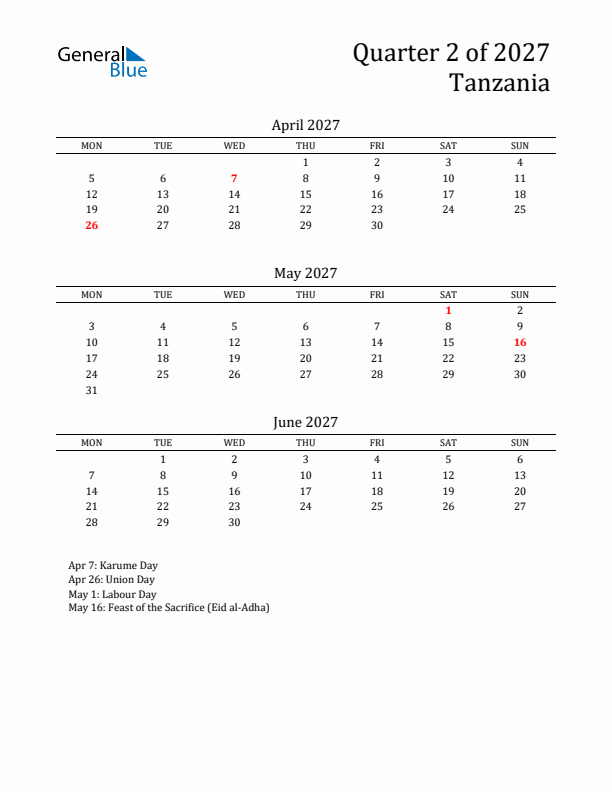 Quarter 2 2027 Tanzania Quarterly Calendar