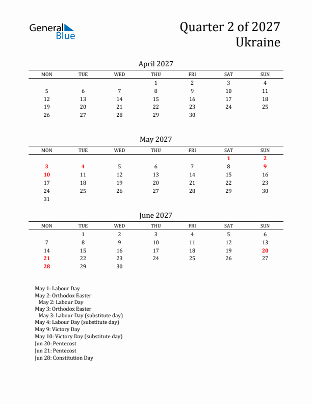 Quarter 2 2027 Ukraine Quarterly Calendar