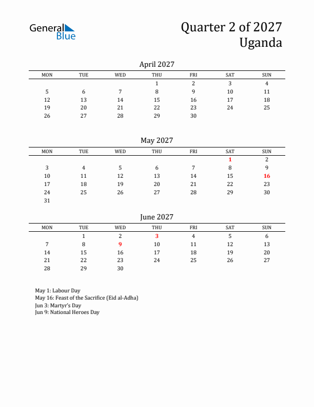 Quarter 2 2027 Uganda Quarterly Calendar