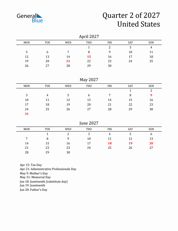 Quarter 2 2027 United States Quarterly Calendar