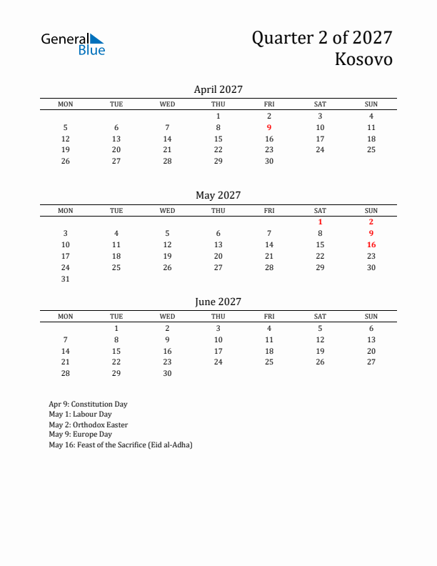 Quarter 2 2027 Kosovo Quarterly Calendar