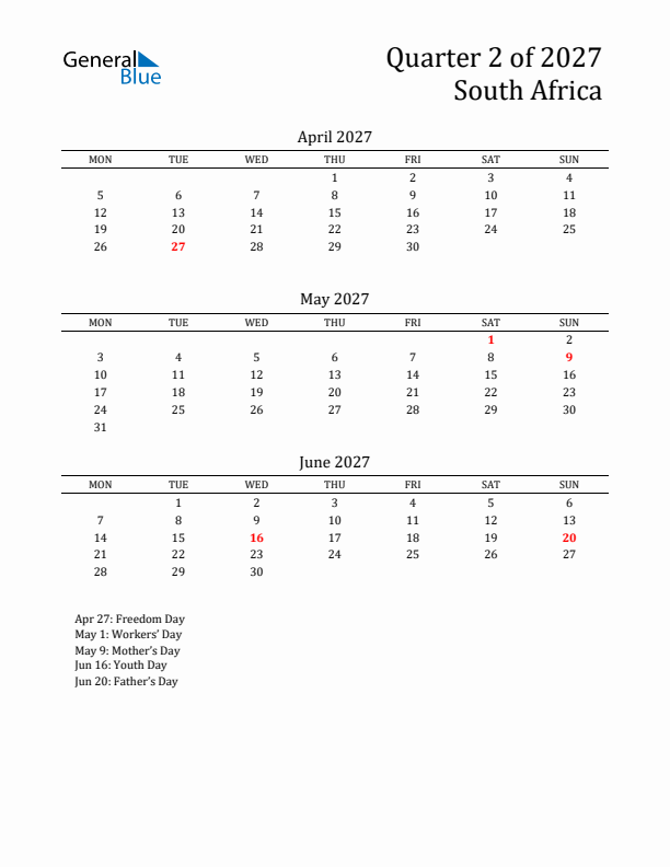 Quarter 2 2027 South Africa Quarterly Calendar