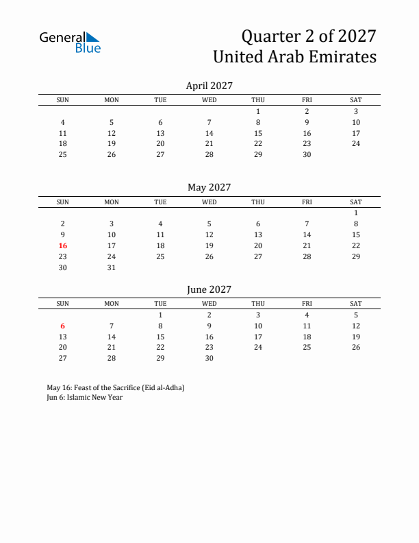 Quarter 2 2027 United Arab Emirates Quarterly Calendar