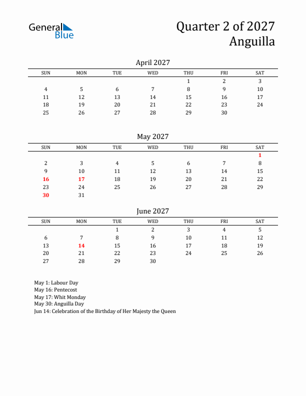 Quarter 2 2027 Anguilla Quarterly Calendar