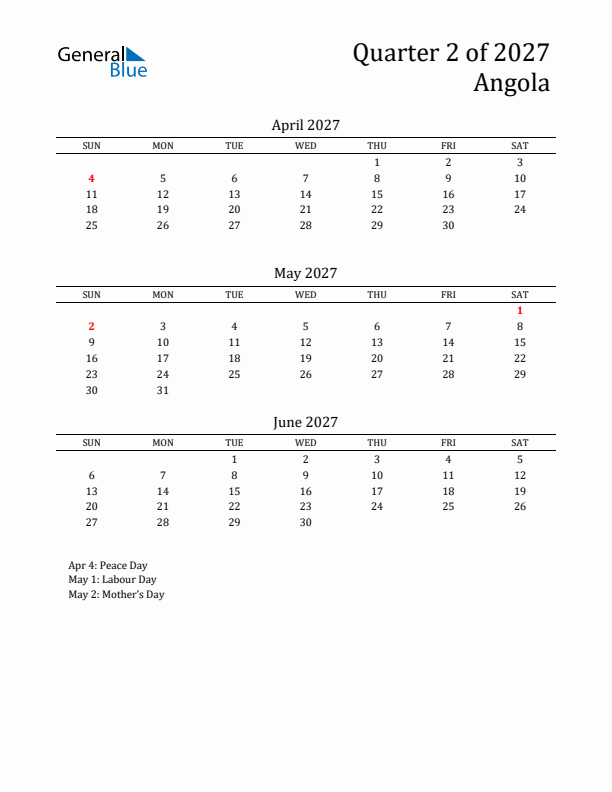 Quarter 2 2027 Angola Quarterly Calendar