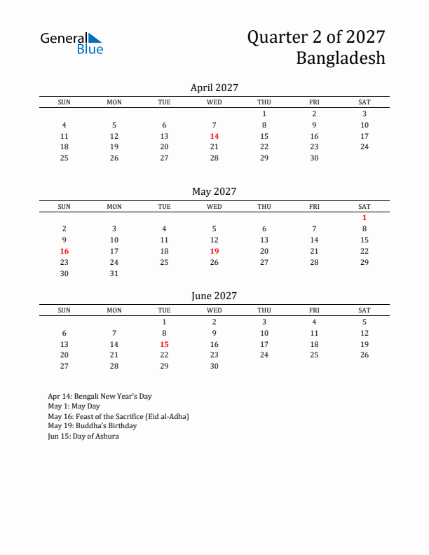 Quarter 2 2027 Bangladesh Quarterly Calendar