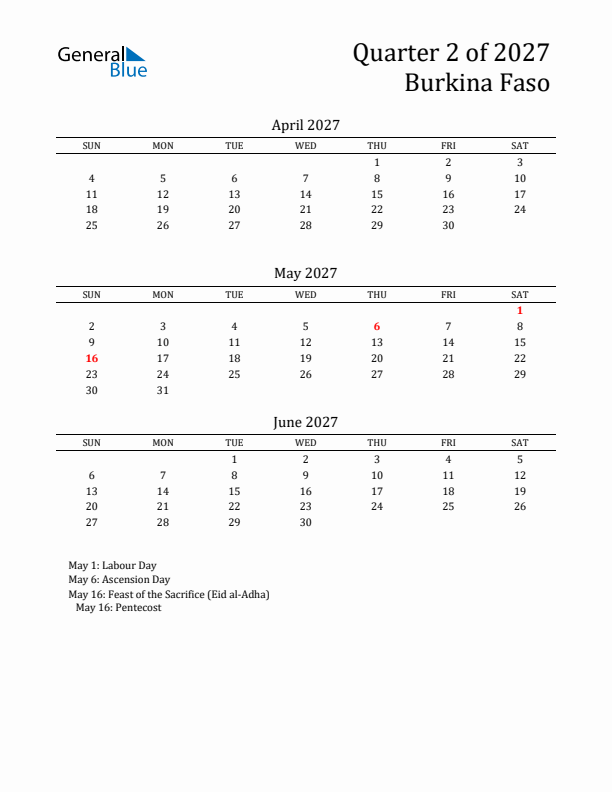 Quarter 2 2027 Burkina Faso Quarterly Calendar