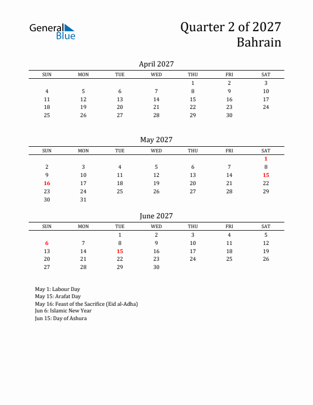 Quarter 2 2027 Bahrain Quarterly Calendar