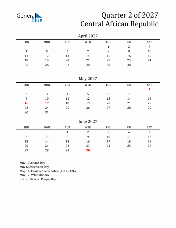 Quarter 2 2027 Central African Republic Quarterly Calendar