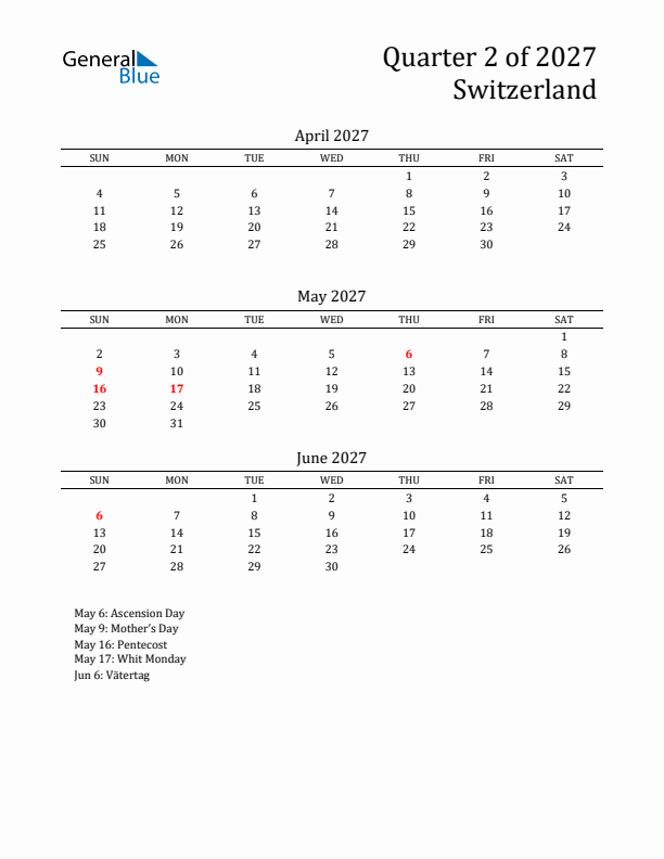 Quarter 2 2027 Switzerland Quarterly Calendar