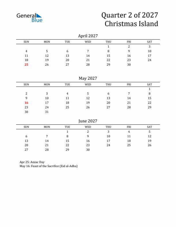 Quarter 2 2027 Christmas Island Quarterly Calendar