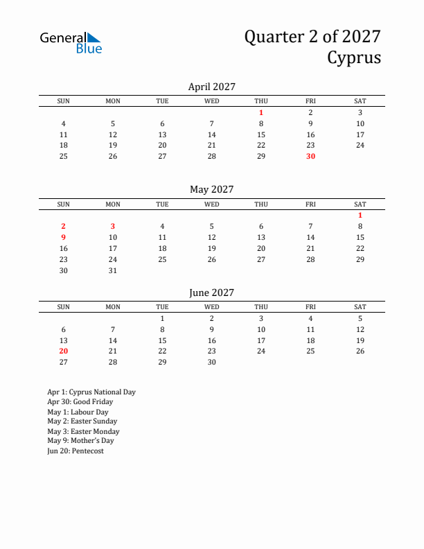 Quarter 2 2027 Cyprus Quarterly Calendar