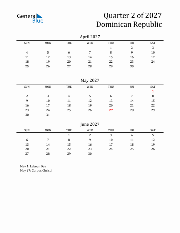 Quarter 2 2027 Dominican Republic Quarterly Calendar