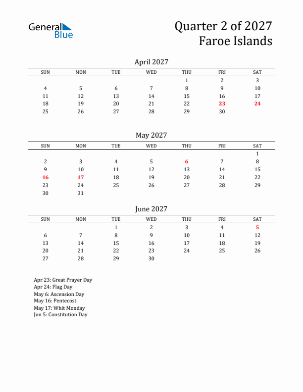 Quarter 2 2027 Faroe Islands Quarterly Calendar