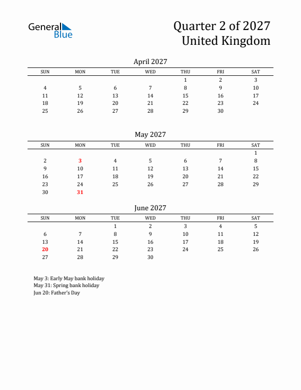 Quarter 2 2027 United Kingdom Quarterly Calendar