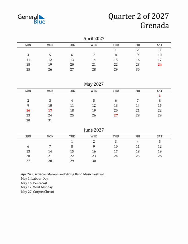 Quarter 2 2027 Grenada Quarterly Calendar