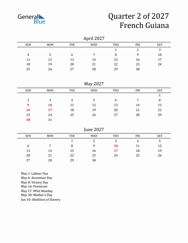 Quarter 2 2027 French Guiana Quarterly Calendar