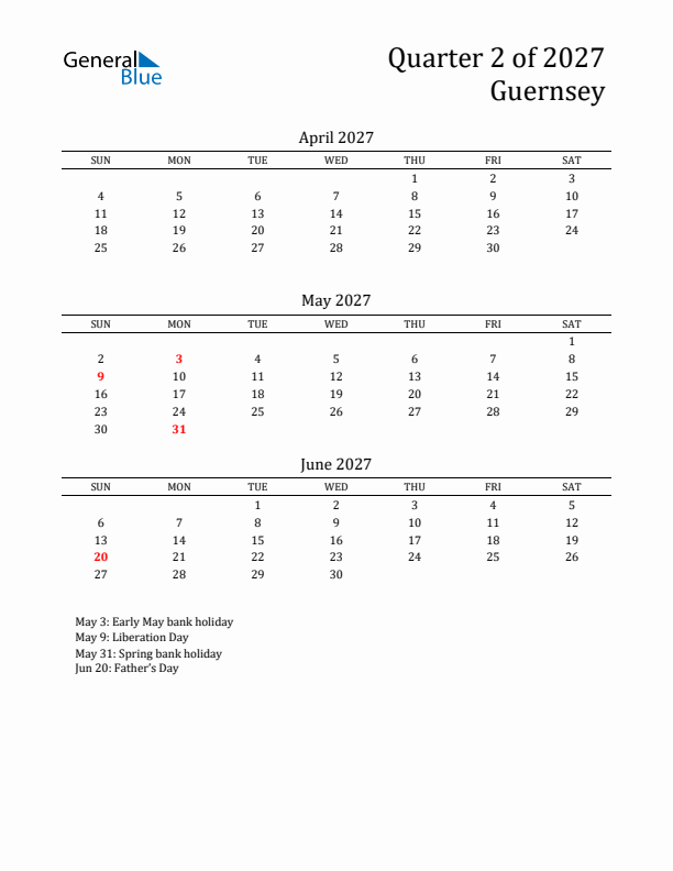 Quarter 2 2027 Guernsey Quarterly Calendar