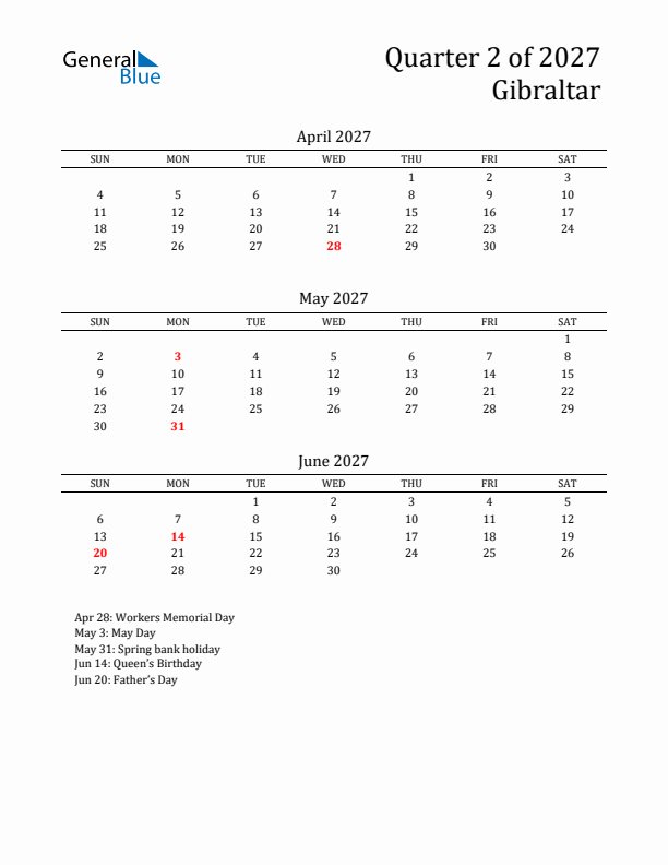 Quarter 2 2027 Gibraltar Quarterly Calendar