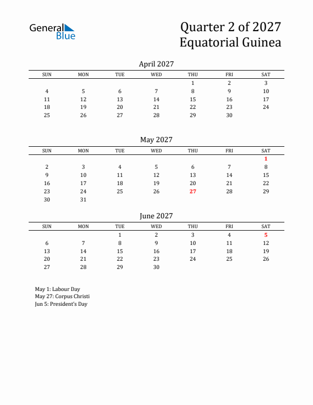 Quarter 2 2027 Equatorial Guinea Quarterly Calendar