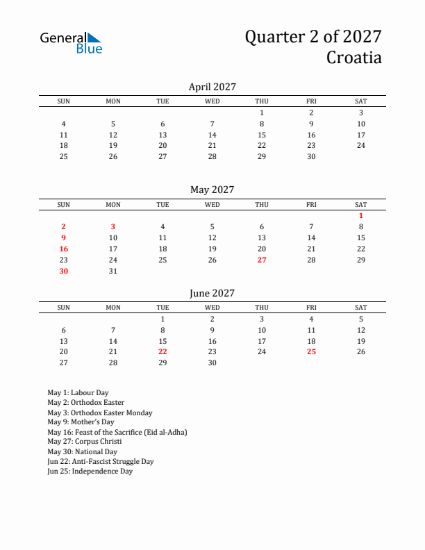 Quarter 2 2027 Croatia Quarterly Calendar