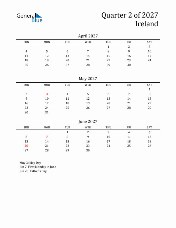 Quarter 2 2027 Ireland Quarterly Calendar