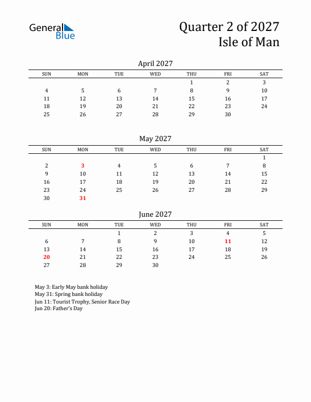 Quarter 2 2027 Isle of Man Quarterly Calendar