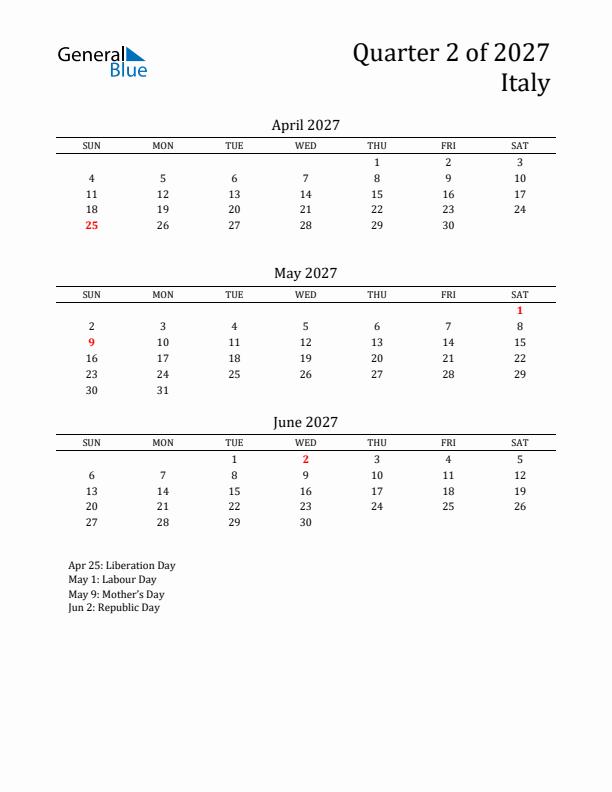 Quarter 2 2027 Italy Quarterly Calendar