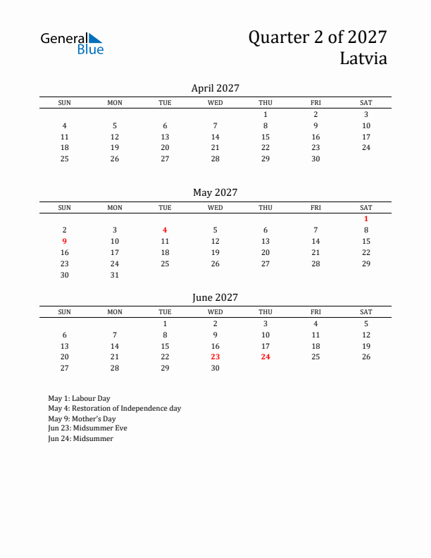 Quarter 2 2027 Latvia Quarterly Calendar