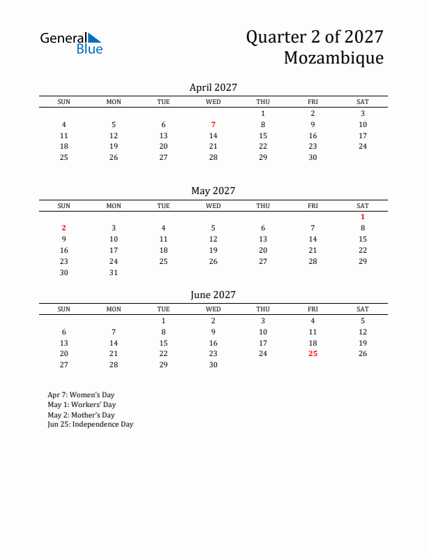 Quarter 2 2027 Mozambique Quarterly Calendar