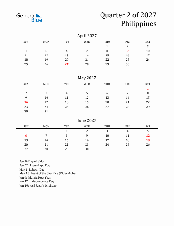 Quarter 2 2027 Philippines Quarterly Calendar