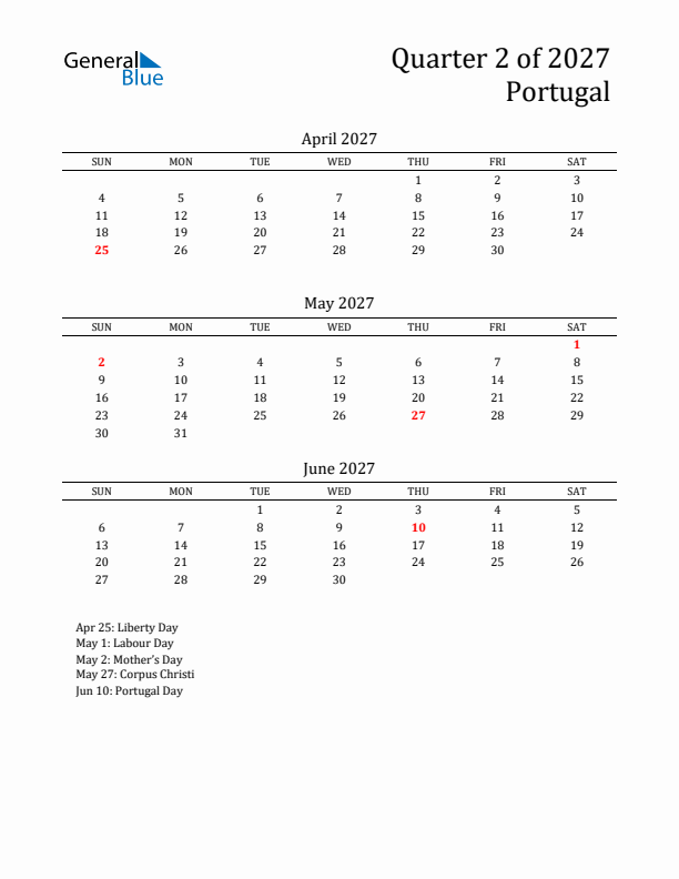 Quarter 2 2027 Portugal Quarterly Calendar