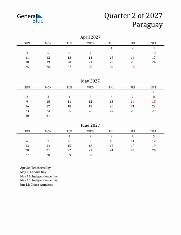 Quarter 2 2027 Paraguay Quarterly Calendar