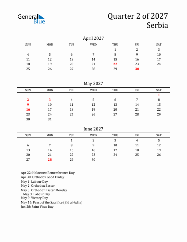 Quarter 2 2027 Serbia Quarterly Calendar